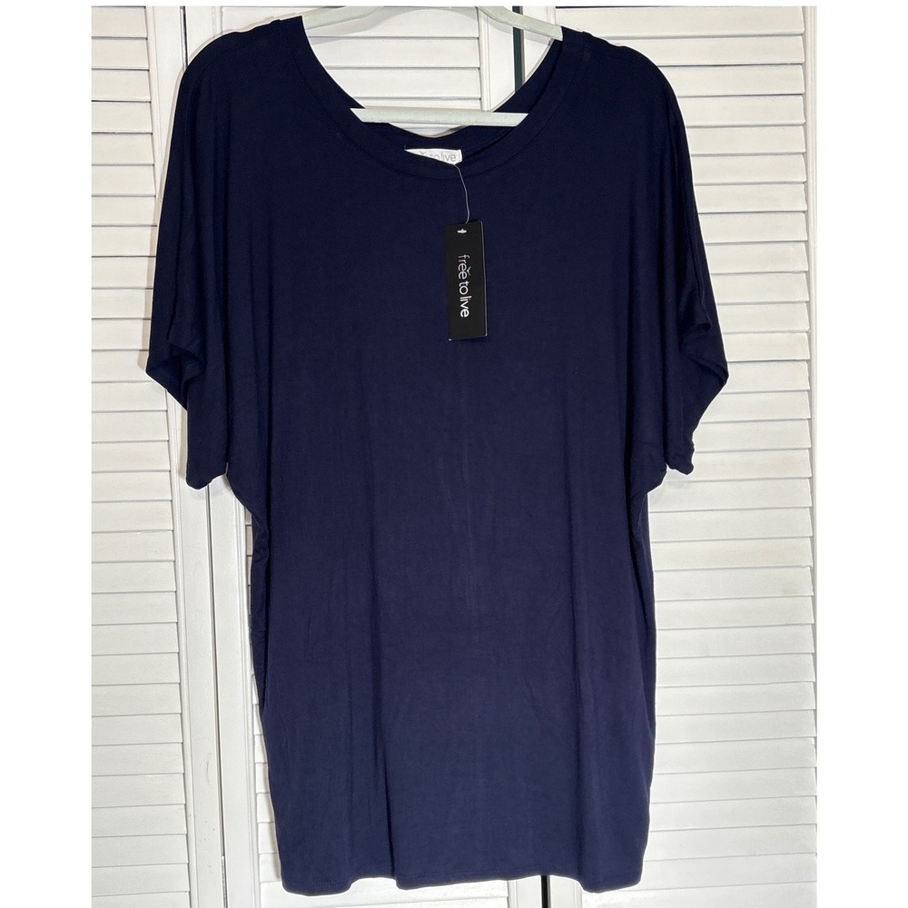 Free to Live Navy Blue Dolman Sleeve Tunic Top XL New with Tags Short Sleeve T-S